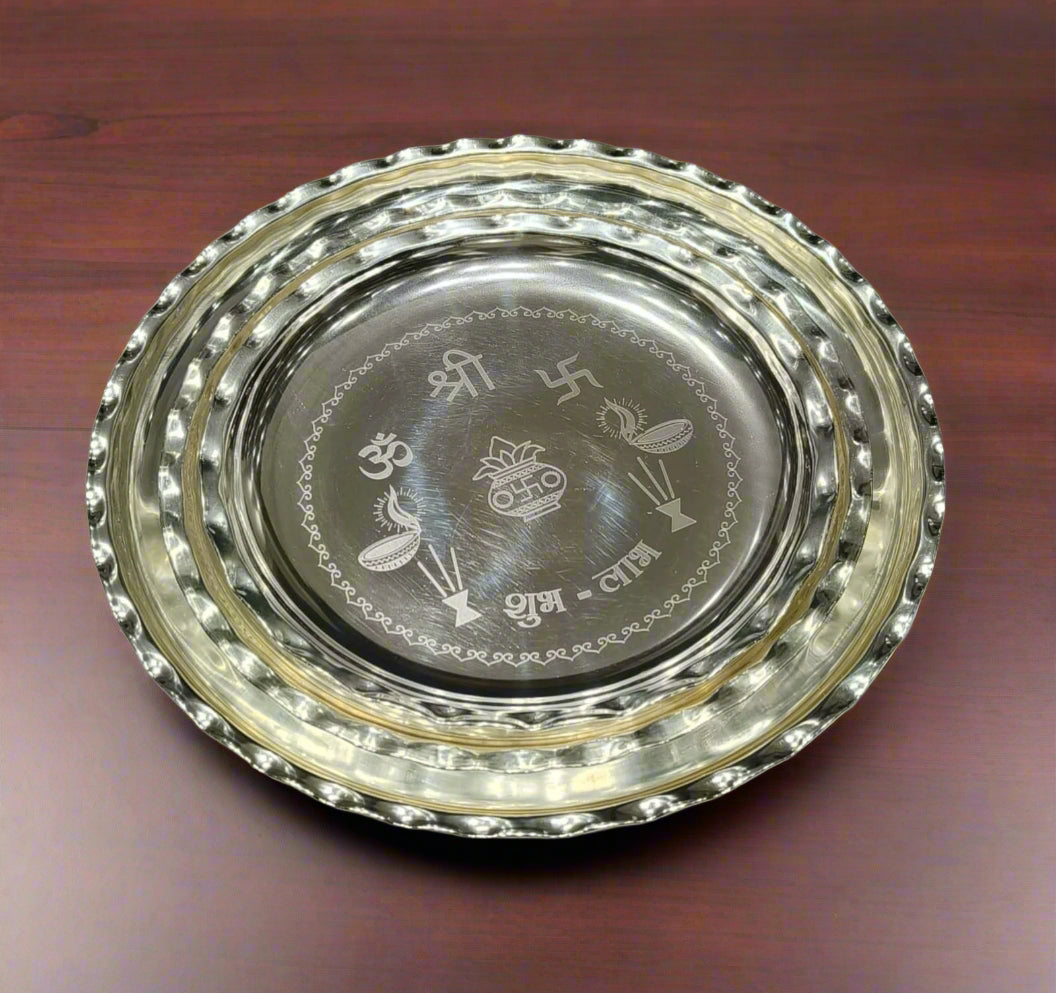 silver plated set of 5 shubh labh plates for pooja